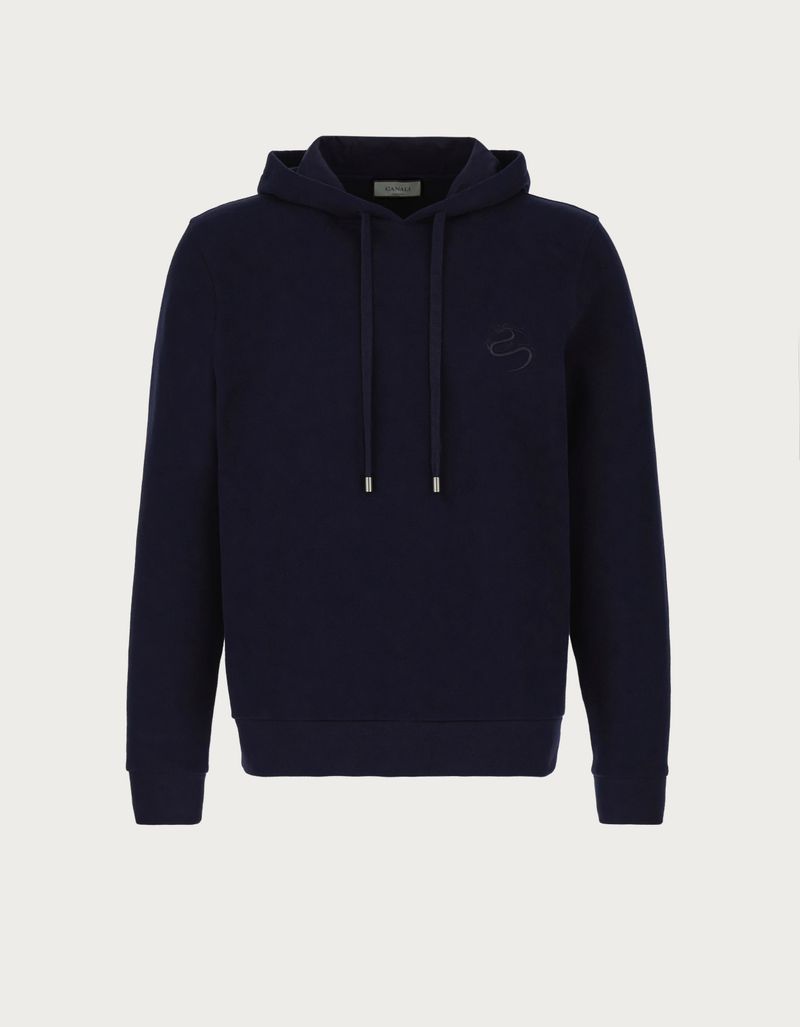 Brushed cotton fleece hoodie with dark navy coloured dragon embroidery