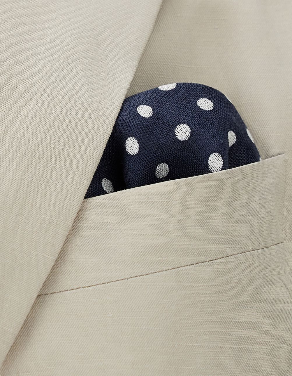 Blue linen pocket square with a polka dot pattern