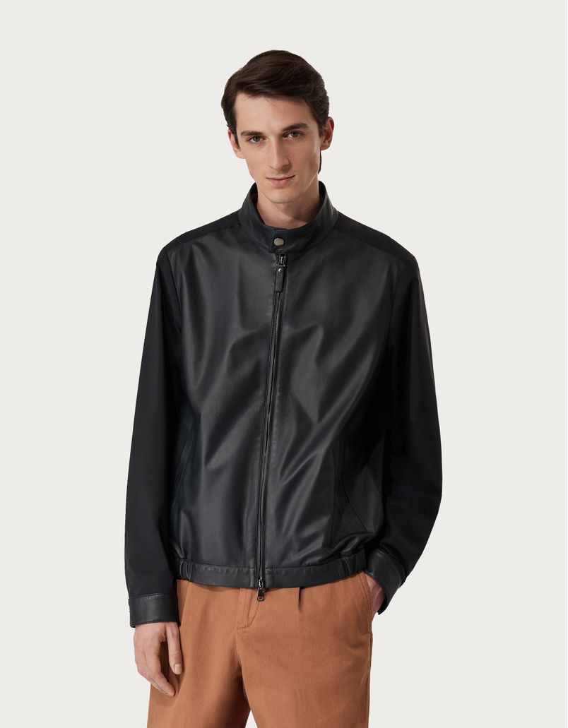 Blouson in blue and black nappa and technical fabric