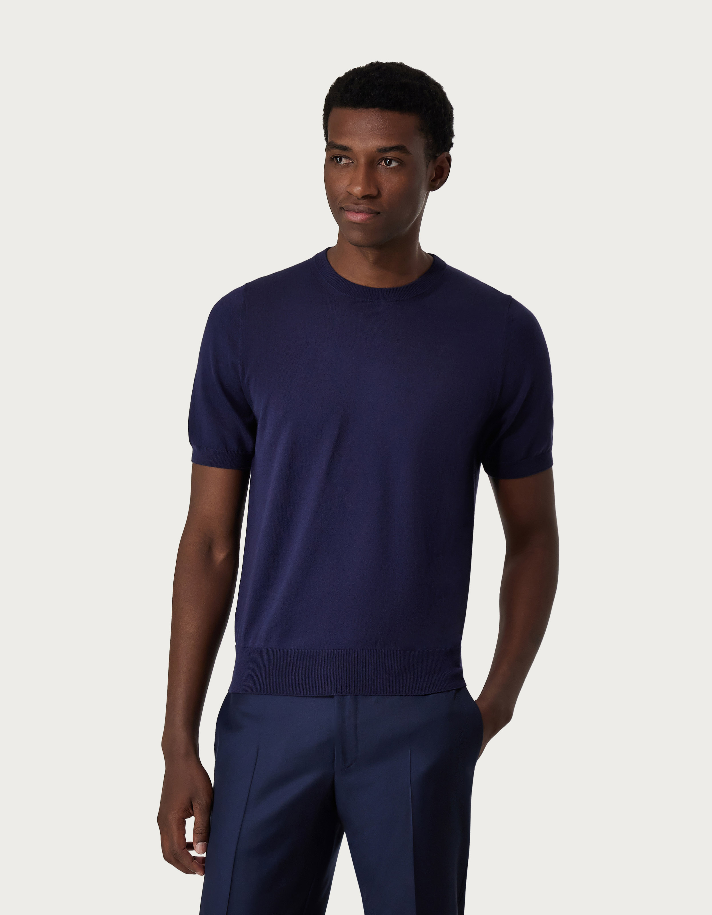 Navy blue crew-neck in shaved cotton - Canali US