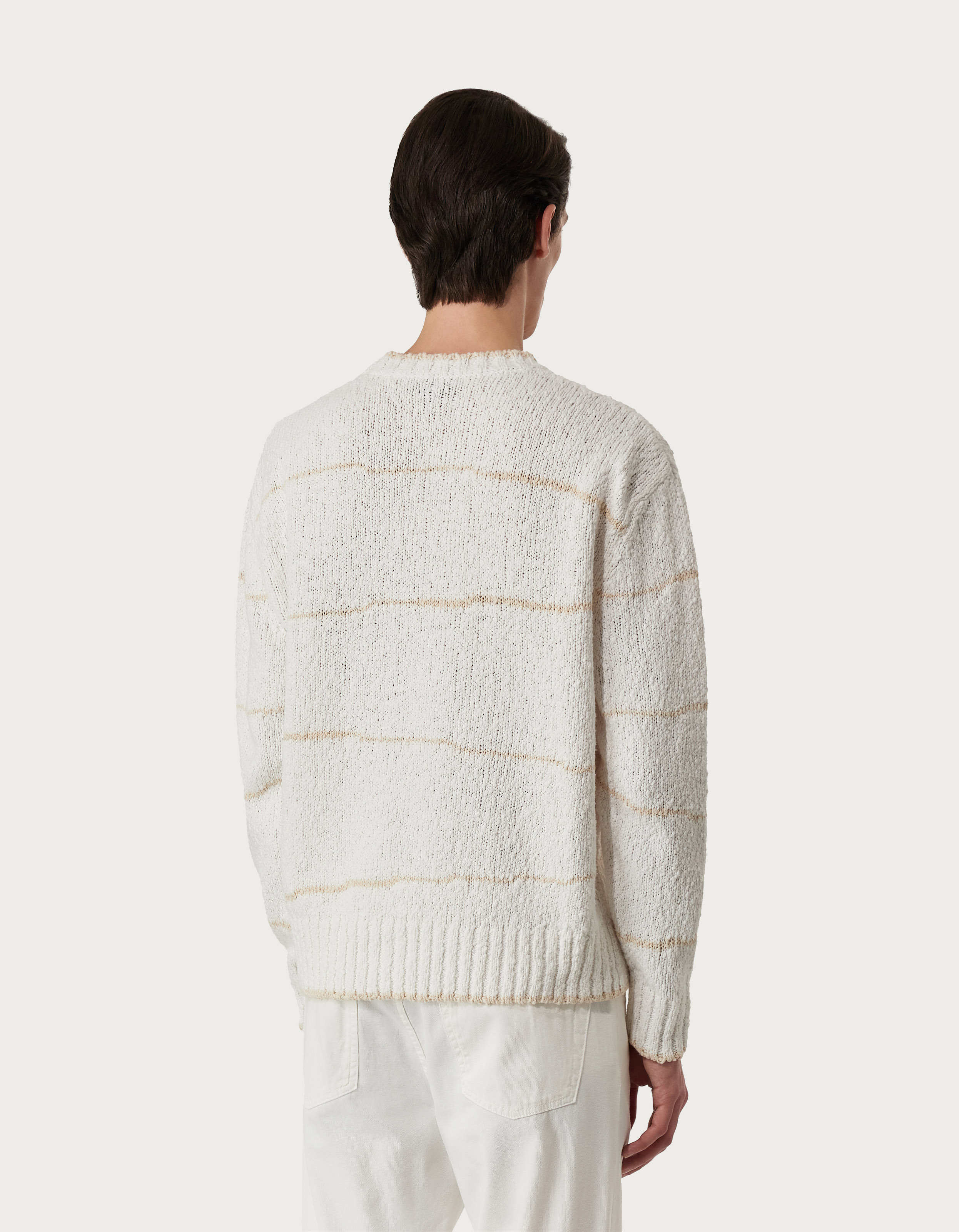 Relaxed fit crew-neck in white and cream cotton - Canali US