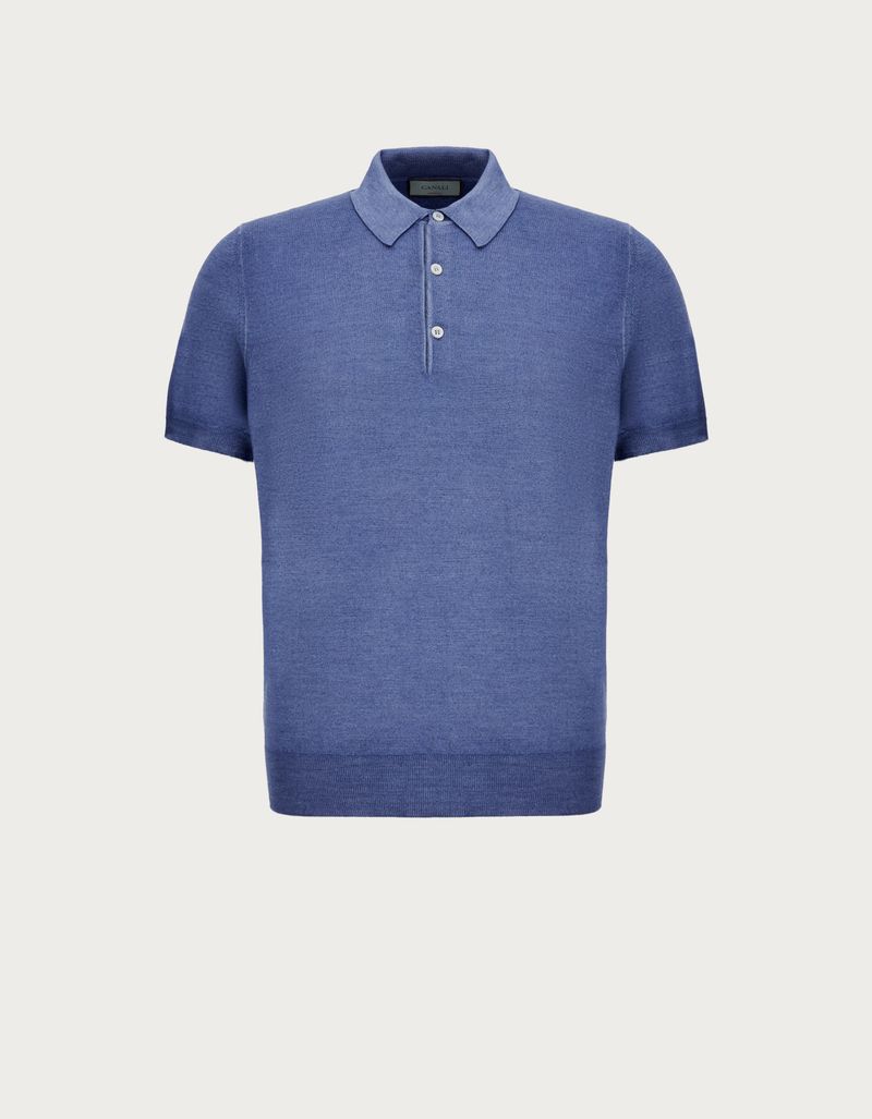 Powder blue polo shirt in garment dyed wool and silk