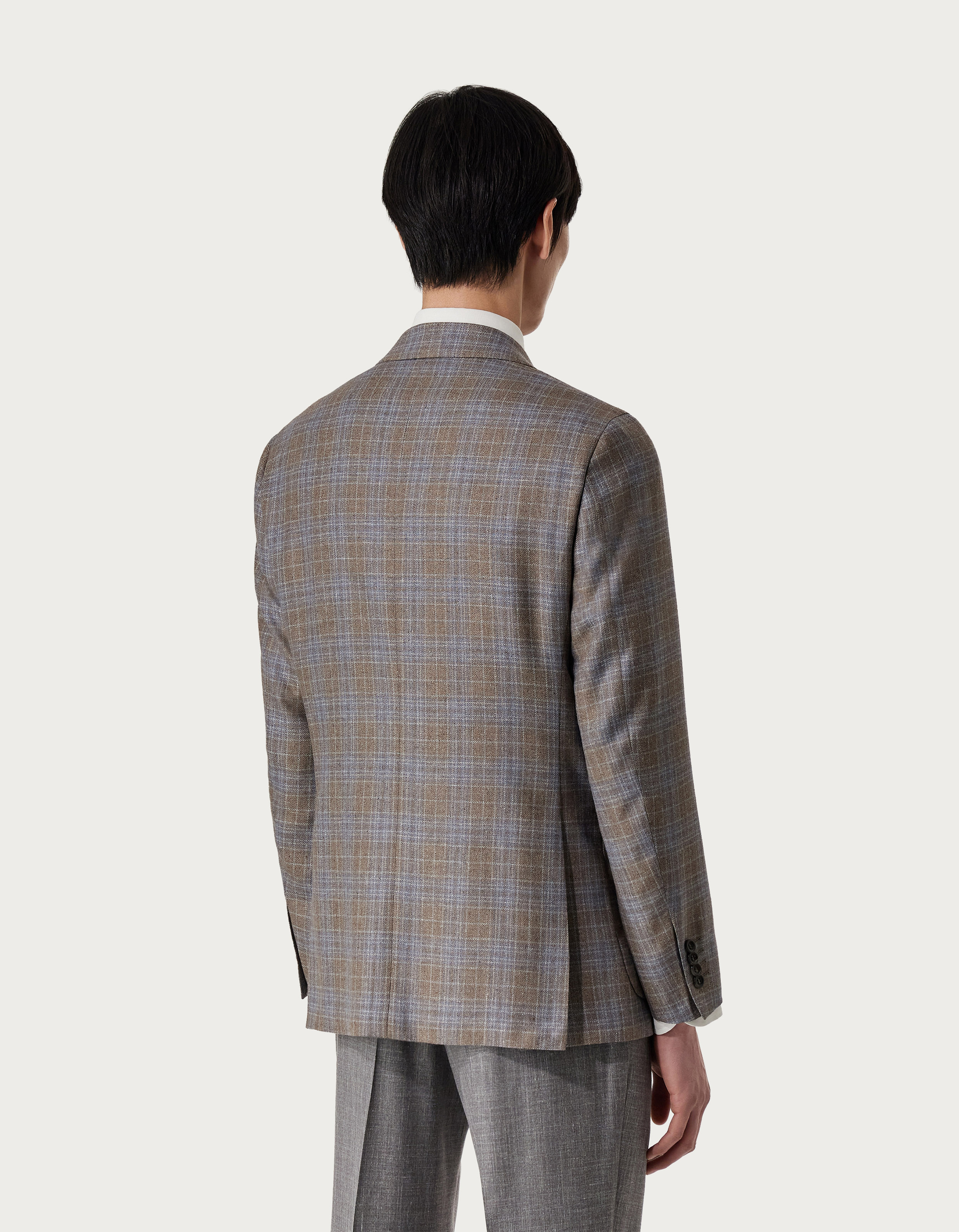 Light blue and beige Kei blazer in Prince of Wales wool