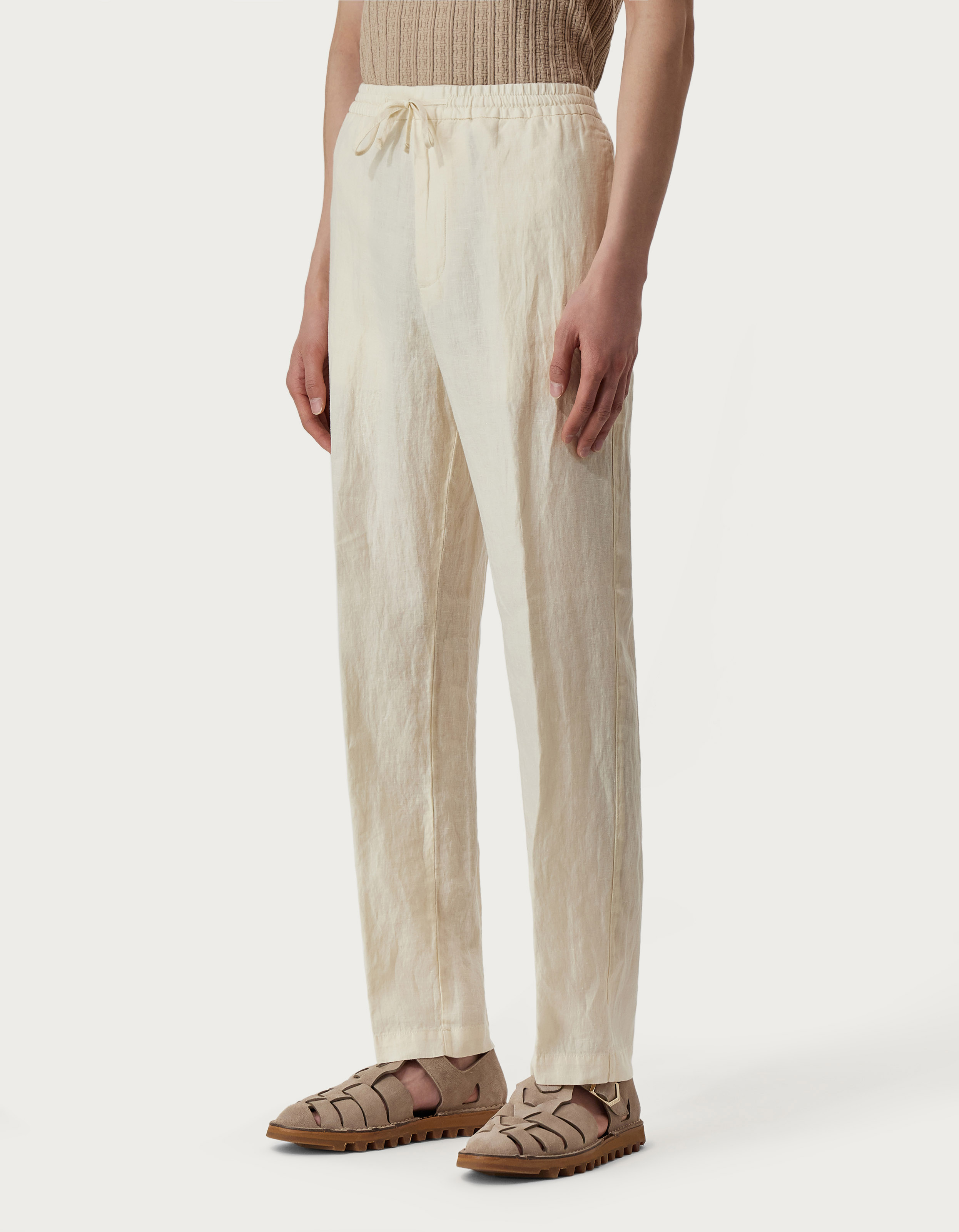 Chinos with drawstring in white garment-dyed linen - Canali US