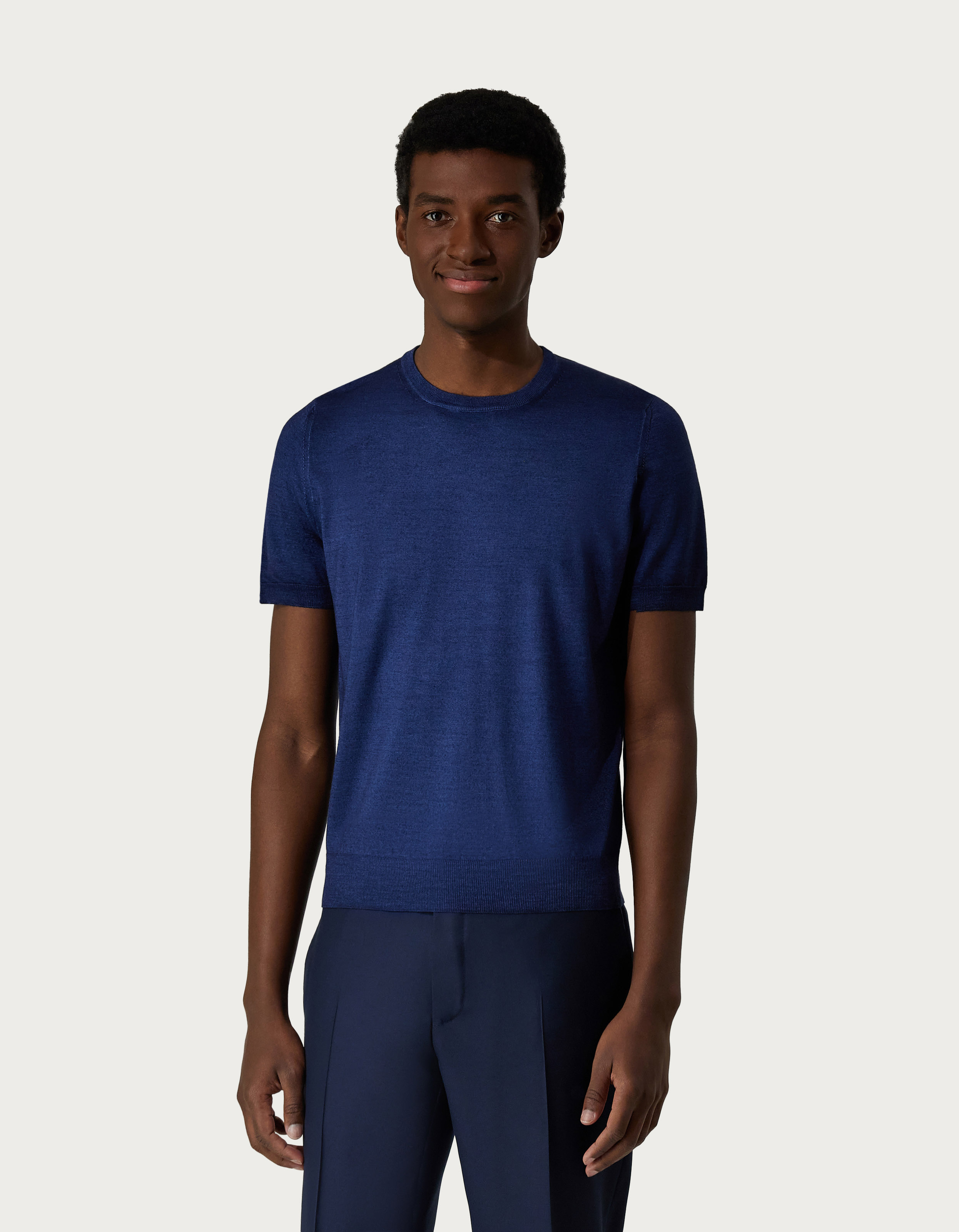 Blue crew-neck in garment-dyed silk and wool - Canali US