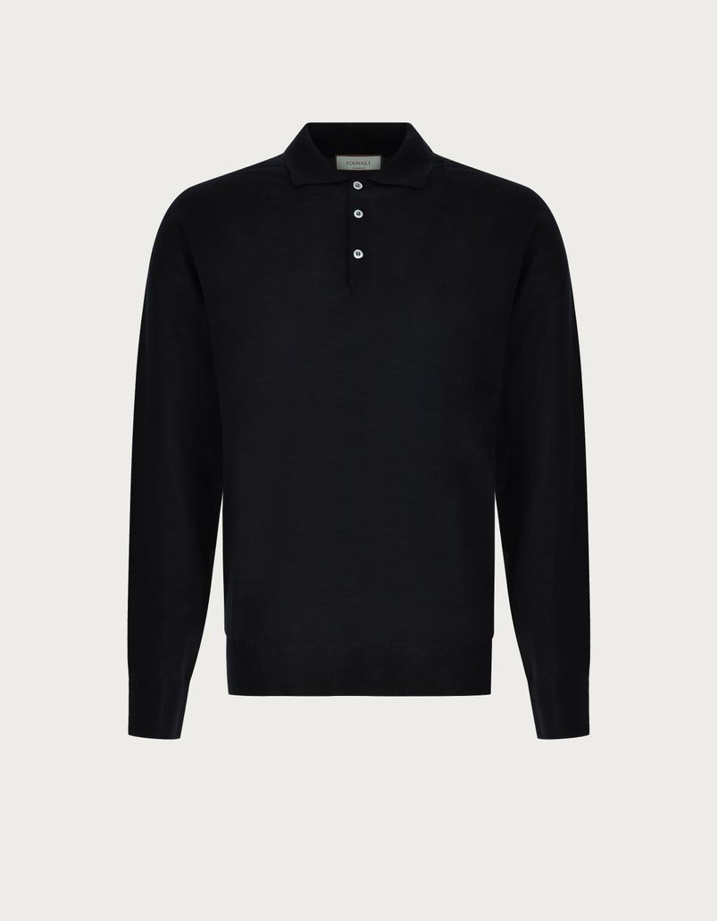 Black merino wool polo shirt