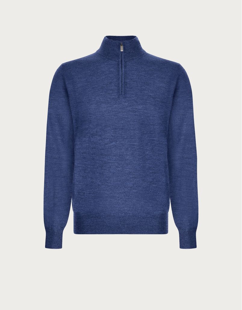 Melange blue merino wool half zip sweater