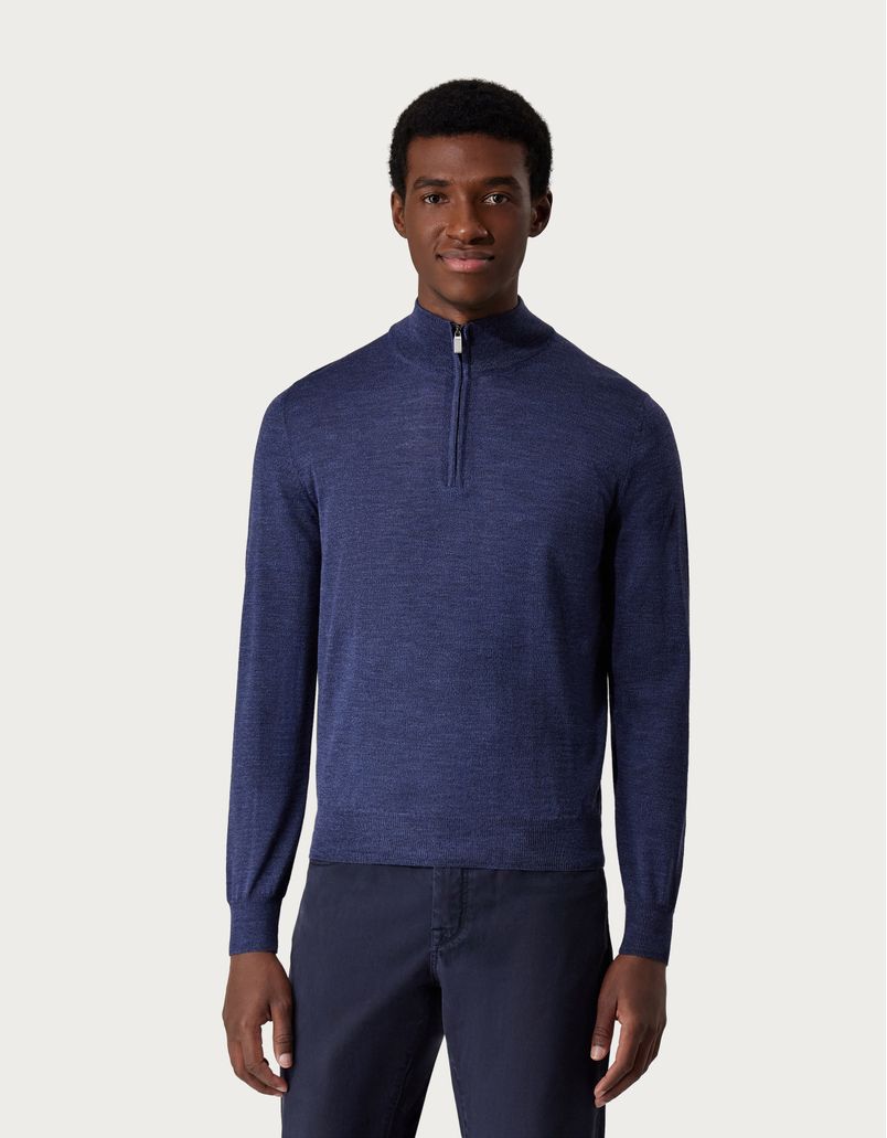 Melange blue merino wool half zip sweater