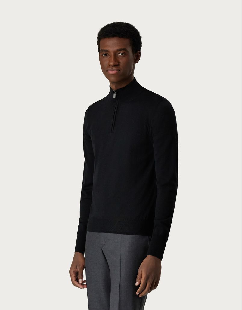 Black merino wool half zip sweater