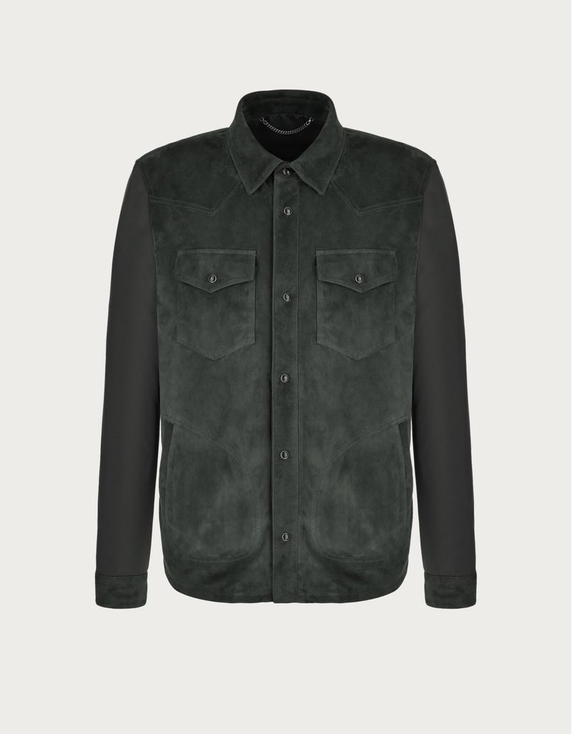 Overshirt in grey and green suede and technical fabric