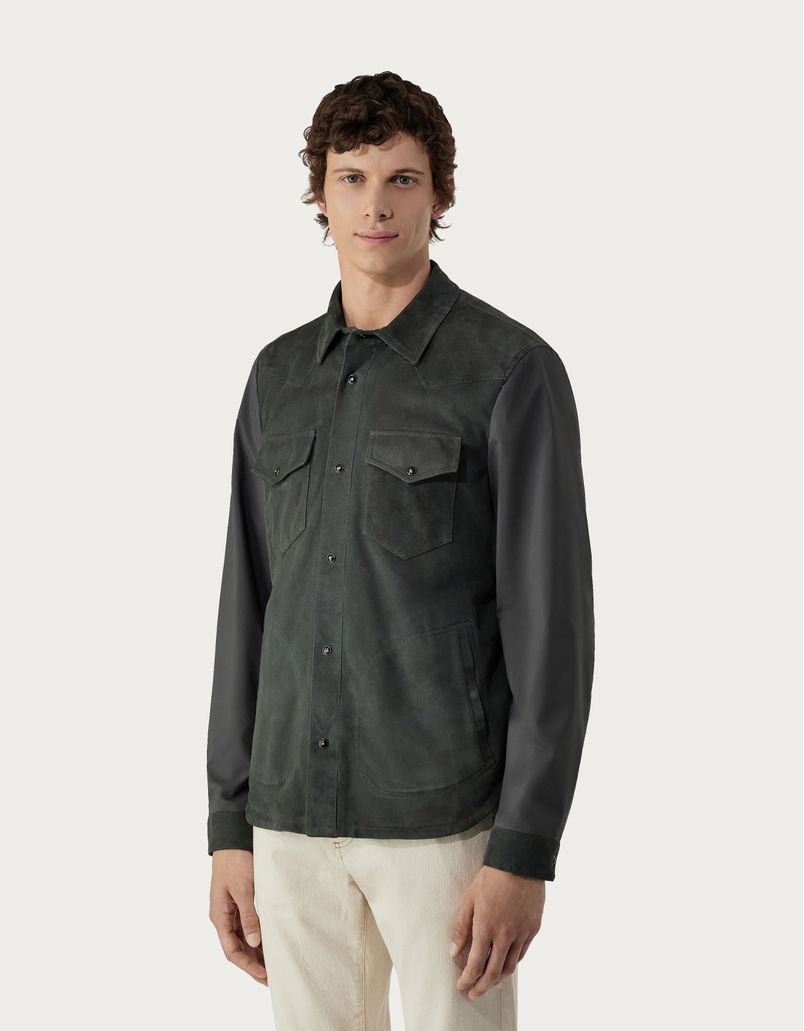 Overshirt in grey and green suede and technical fabric