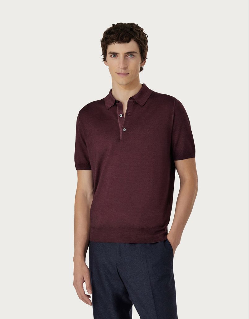 Burgundy polo shirt in garment-dyed wool and silk