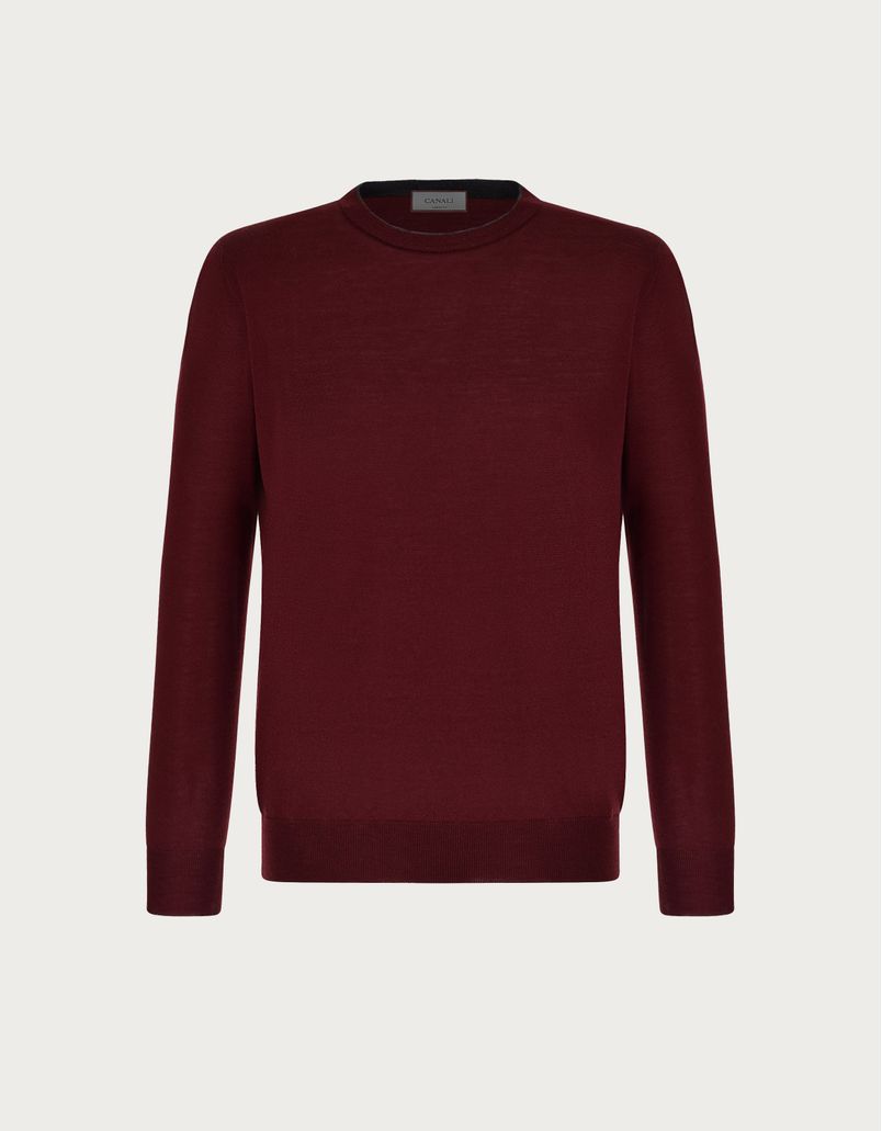 Anthracite and burgundy wool crew-neck