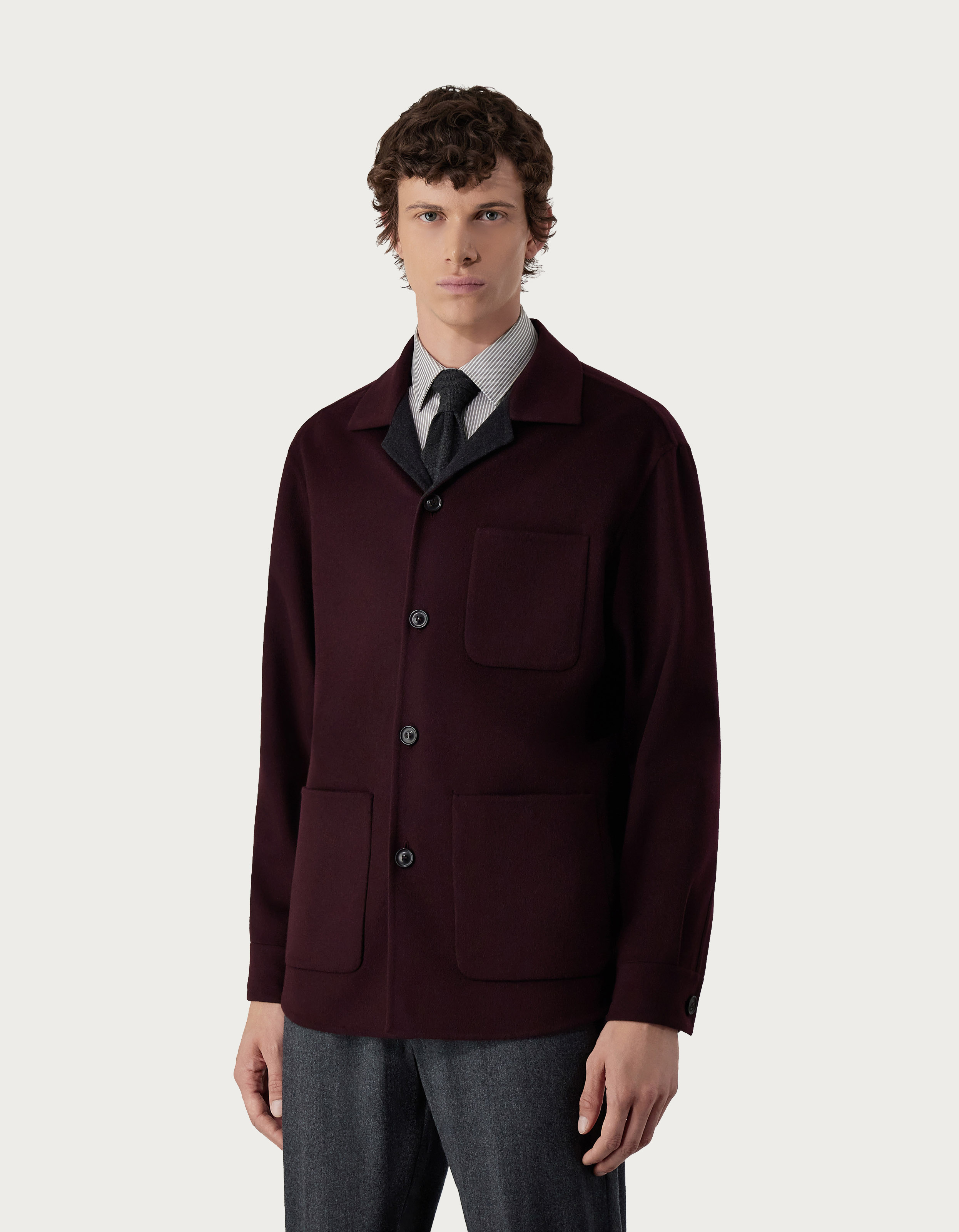 Men's shirt jacket in burgundy and anthracite wool - Canali US