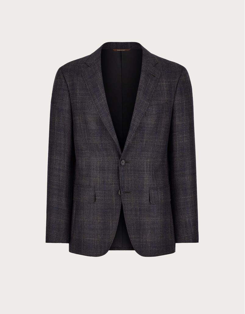 Kei overcheck blazer in blue and brown silk cashmere, wool and silk