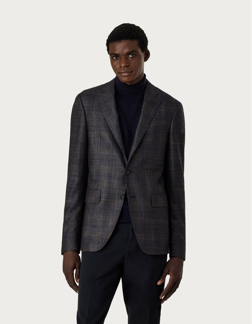 Kei overcheck blazer in blue and brown silk cashmere, wool and silk