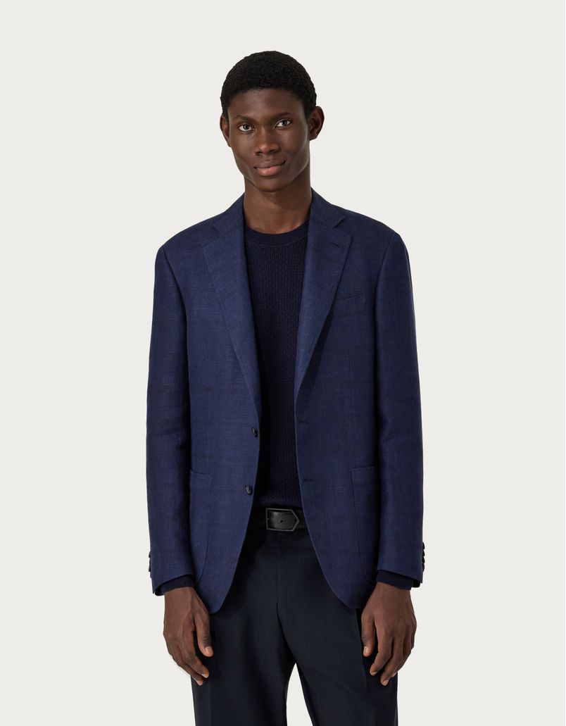 Blue overcheck Kei blazer in linen and wool