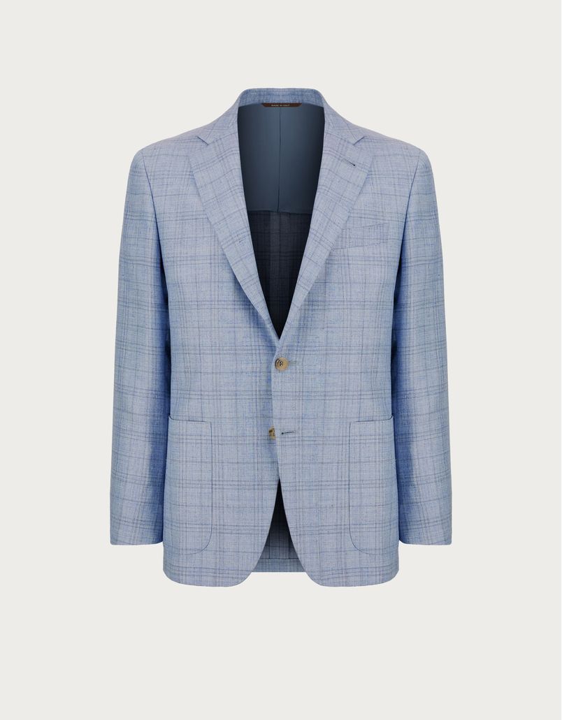 Light blue overcheck Kei blazer in wool, silk and linen