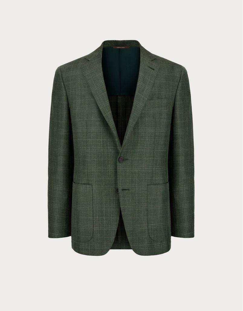 Green and Beige overcheck Kei blazer in wool, silk and linen