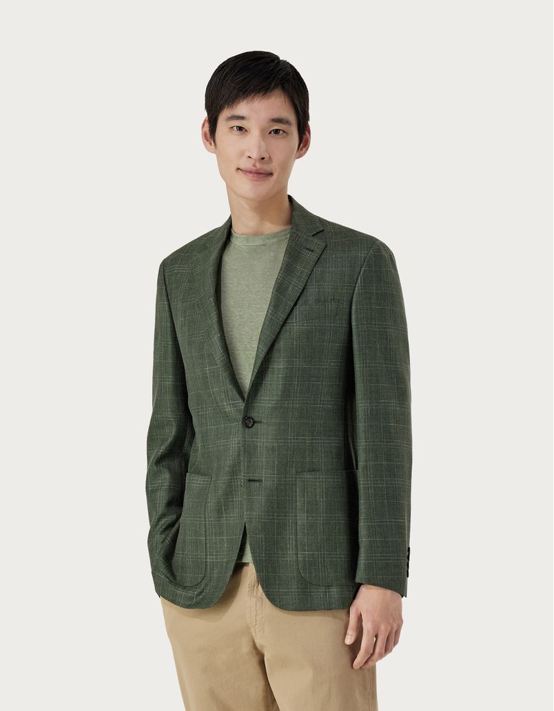 Green and Beige overcheck Kei blazer in wool, silk and linen