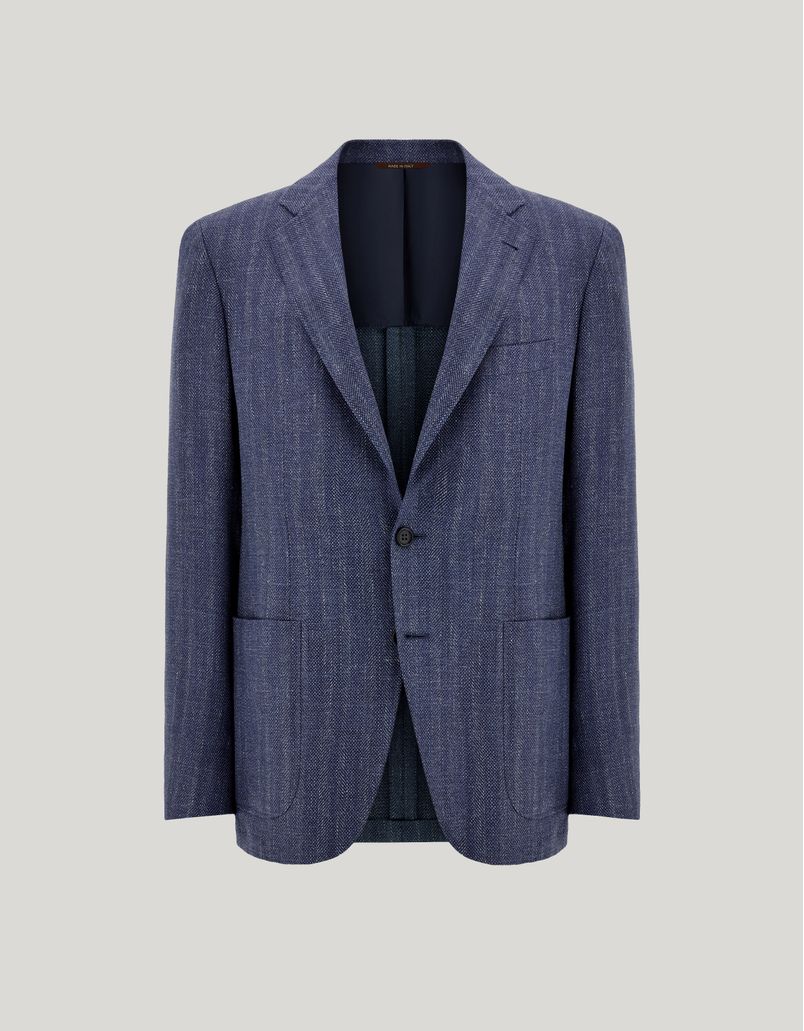 Modern fit blue and light blue Kei jacket in a wool, silk and linen blend